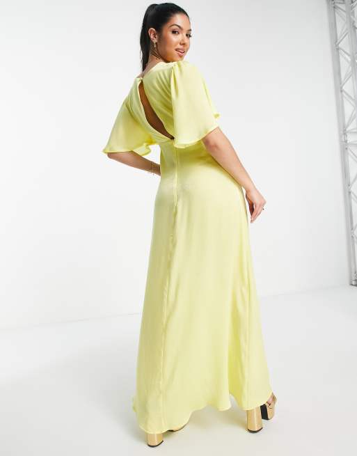 Flounce London satin flutter sleeve wrap front maxi dress in bold green, ASOS