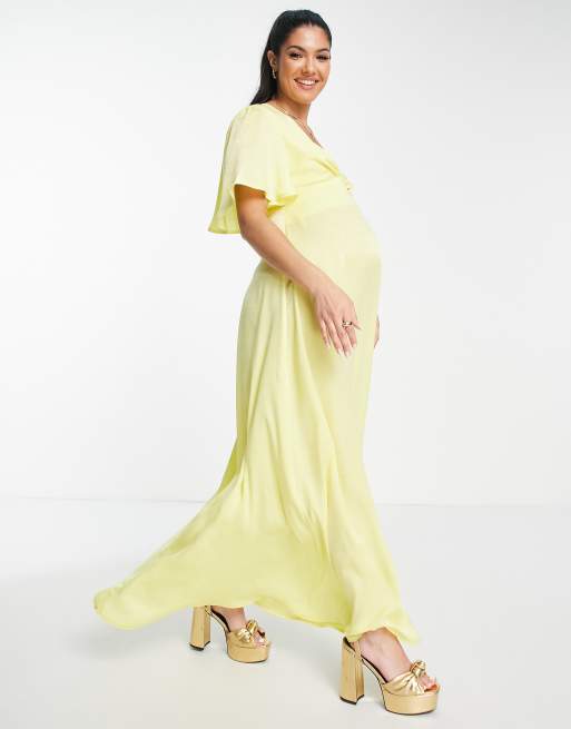 Flounce London Maternity flutter sleeve maxi dress with plunge front in  yellow satin