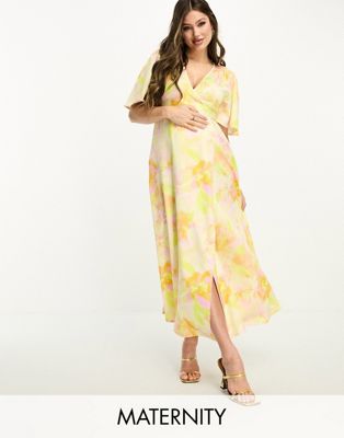 Flounce London Maternity flutter sleeve wrap satin maxi dress in floral print