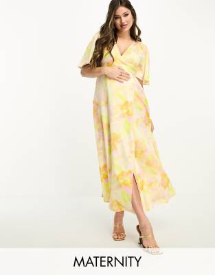 Flounce London Maternity flutter sleeve wrap satin maxi dress in floral print-Multi