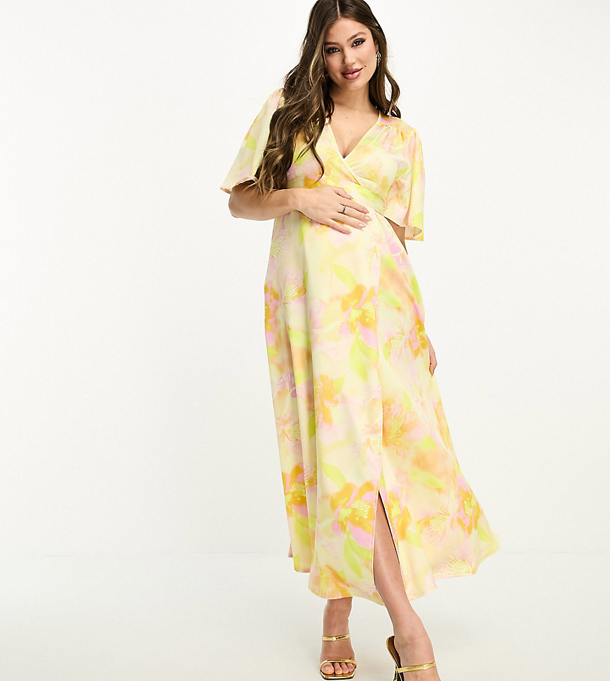 Flounce London Maternity flutter sleeve wrap satin maxi dress in floral print-Multi