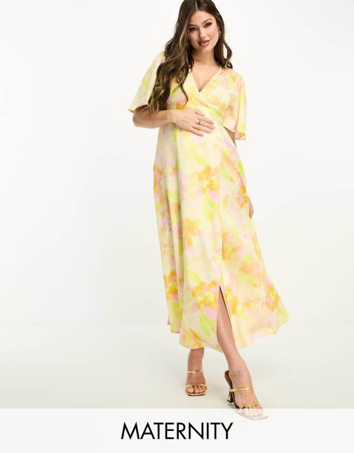 Flounce London Maternity flutter sleeve wrap satin maxi dress in floral  print