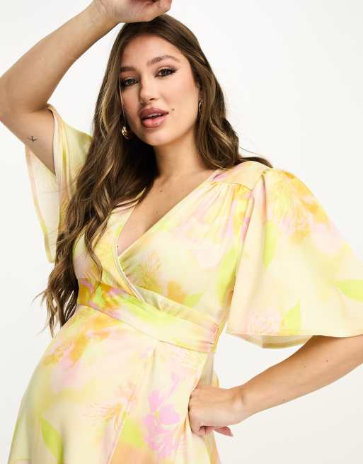 Flounce London Maternity flutter sleeve wrap satin maxi dress in floral  print