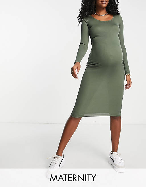 Flounce London Maternity - Geribbelde midi-jurk met lange mouwen in kaki