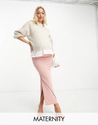 Flounce London Maternity ribbed midi skirt with side splits in light pink - ASOS Price Checker