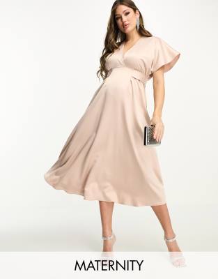 flounce london pink dress Flounce London Plus + Flutter Sleeve Maxi Dress With Plunge Front In Hot  Pink Satin