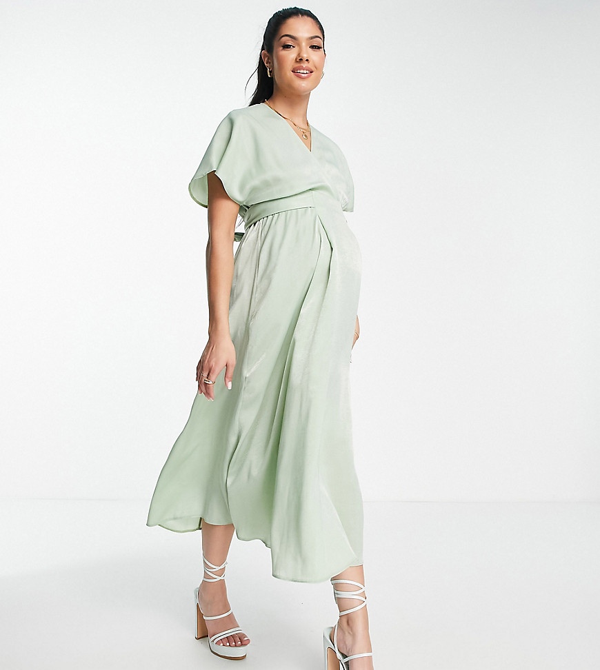Flounce London Maternity kimono sleeve midi dress in sage satin-Green
