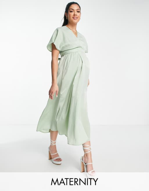 Flounce London satin kimono sleeve midi dress in sage satin