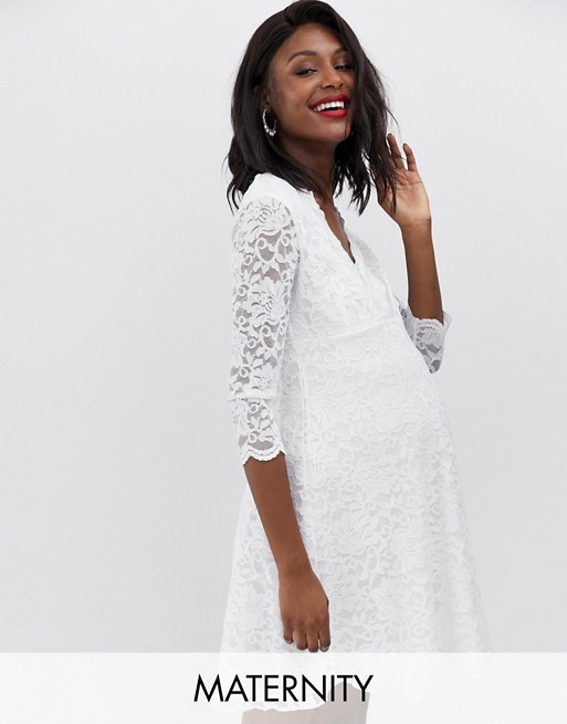 Flounce London Maternity lace dress with 3/4 sleeve in white