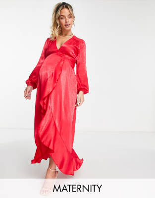 Flounce London Maternity - Langärmliges Maxi-Wickelkleid aus Satin in Rot