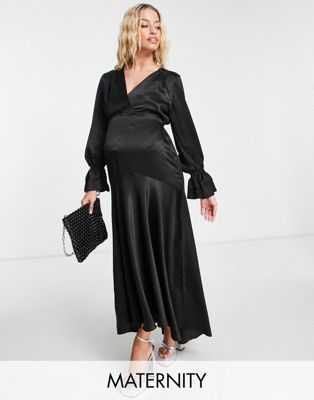 Flounce London Maternity long sleeve midi dress in black satin