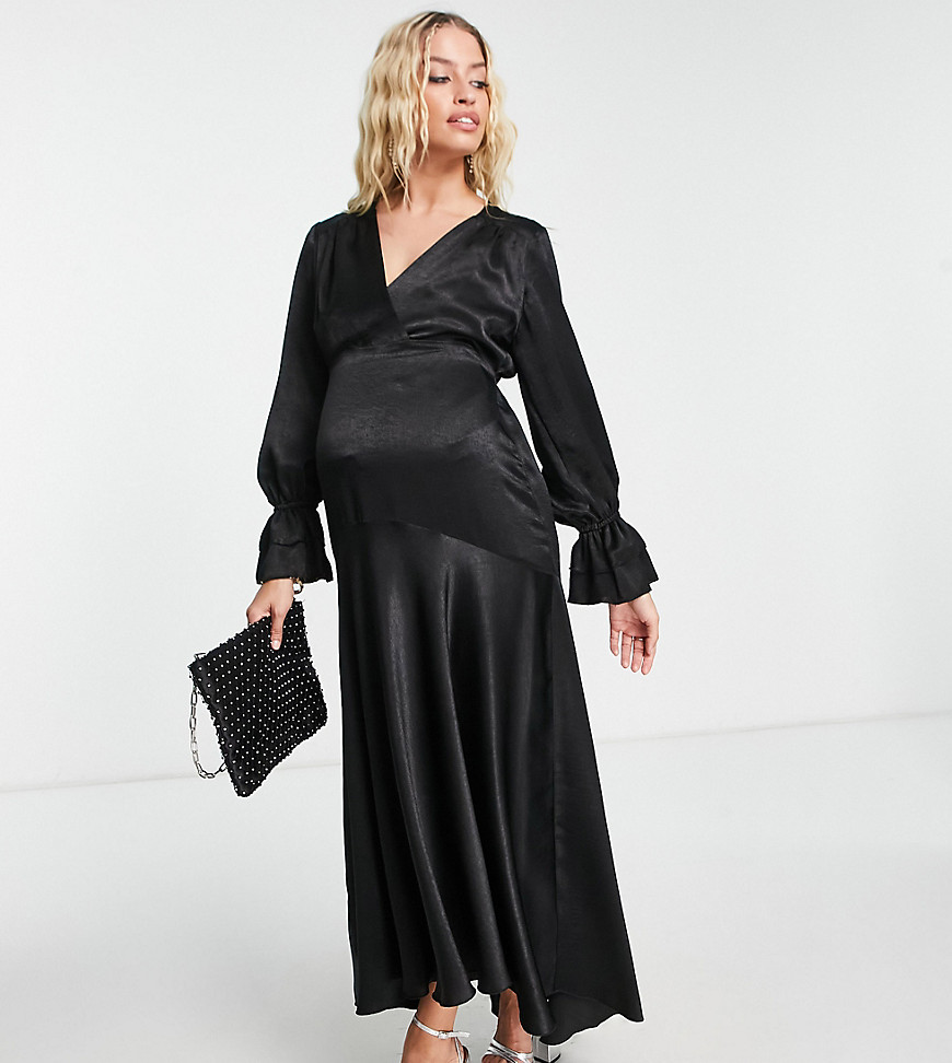 Flounce London Maternity Long Sleeve Midi Dress In Black Satin