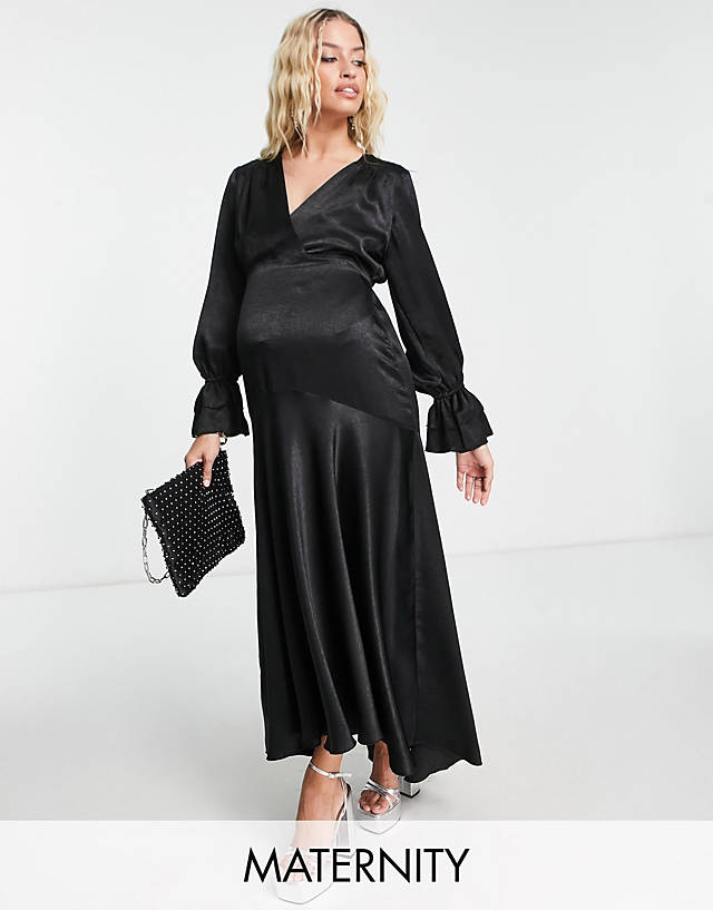 Flounce London Maternity - long sleeve midi dress in black satin