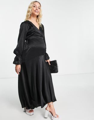 black satin midi dress with sleeves