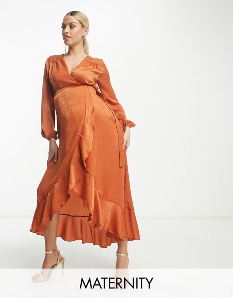 Flounce London Maternity wrap front midi dress with flutter sleeves