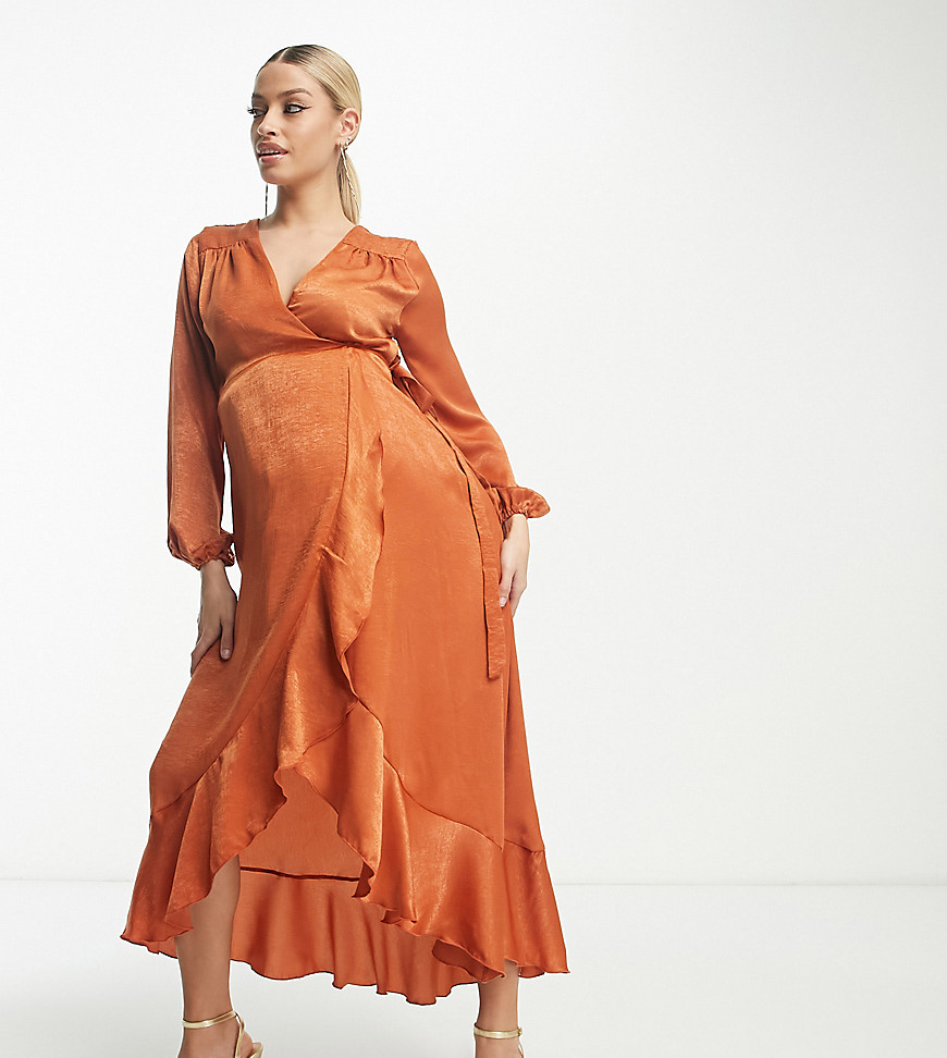 long sleeve satin wrap maxi dress in cinnamon-Orange