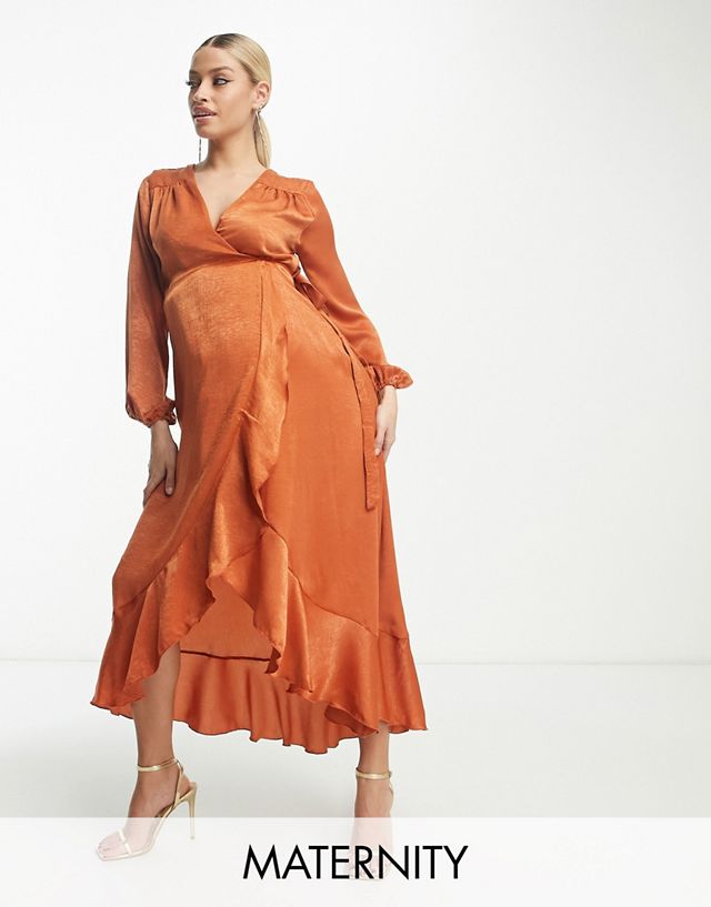 Flounce London Maternity long sleeve satin wrap maxi dress in cinnamon