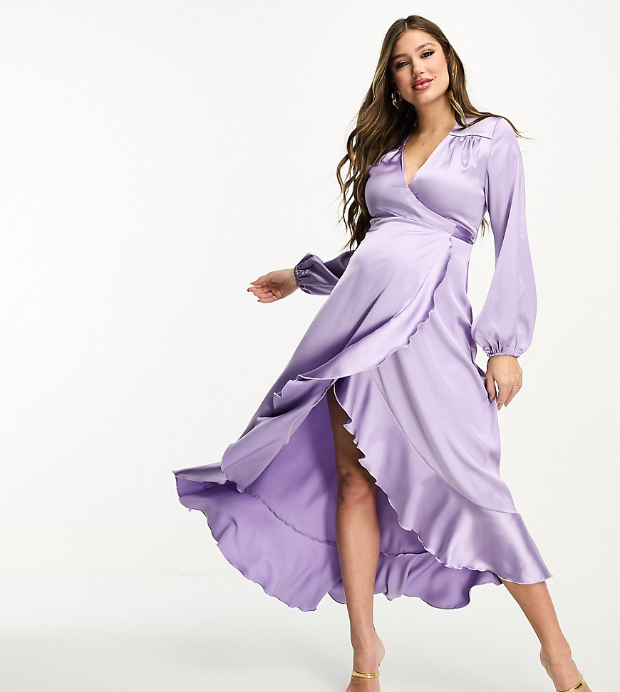 long sleeve satin wrap maxi dress in lavender-Purple