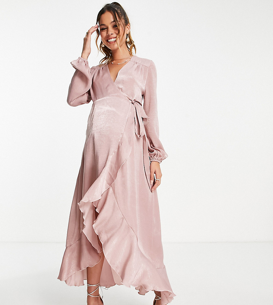 Flounce London Maternity long sleeve wrap maxi dress in heather rose-Pink