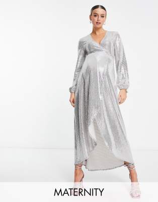 Flounce London Maternity Puff Sleeve Maxi Wrap Dress In Light Blue