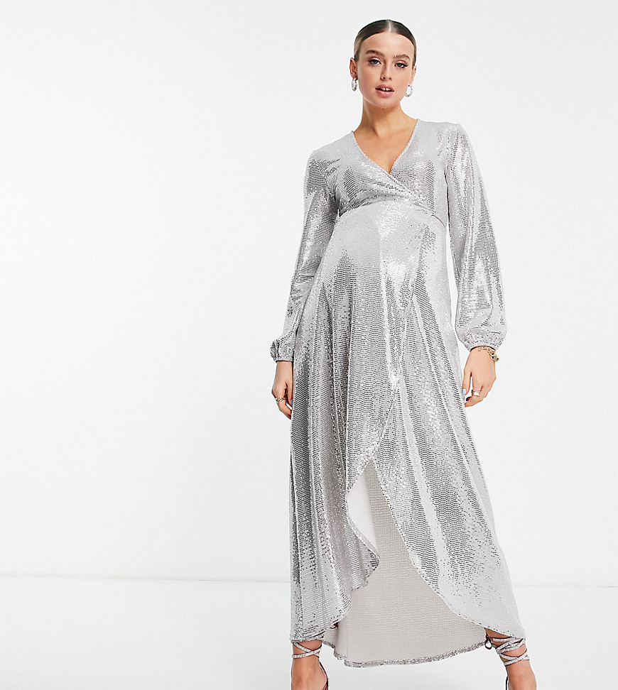 Flounce London Maternity long sleeve wrap maxi dress in silver metallic sparkle