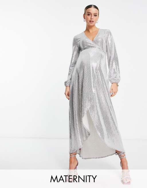 Long Sleeve Maternity Dress, Maxi Maternity Dress with Belt for