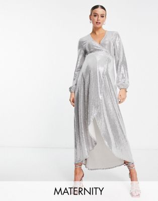 Flounce London Maternity long sleeve wrap maxi dress in silver metallic sparkle