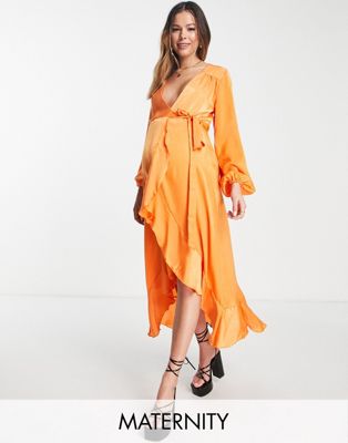 Flounce London Maternity long sleeve wrap maxi dress in tangerine