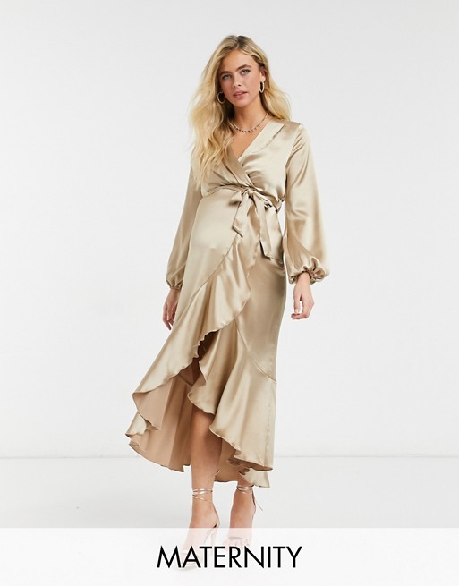 Flounce London Maternity long sleeve wrap tie midaxi dress with balloon sleeve in soft gold