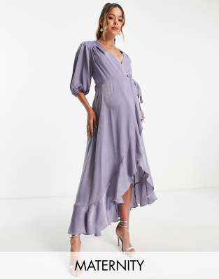 Flounce London Maternity Flounce London Maternity puff sleeve maxi wrap dress in light blue satin