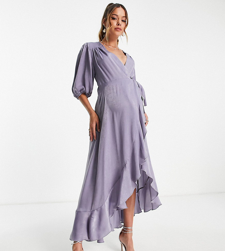 Flounce London Maternity puff sleeve maxi wrap dress in light blue satin