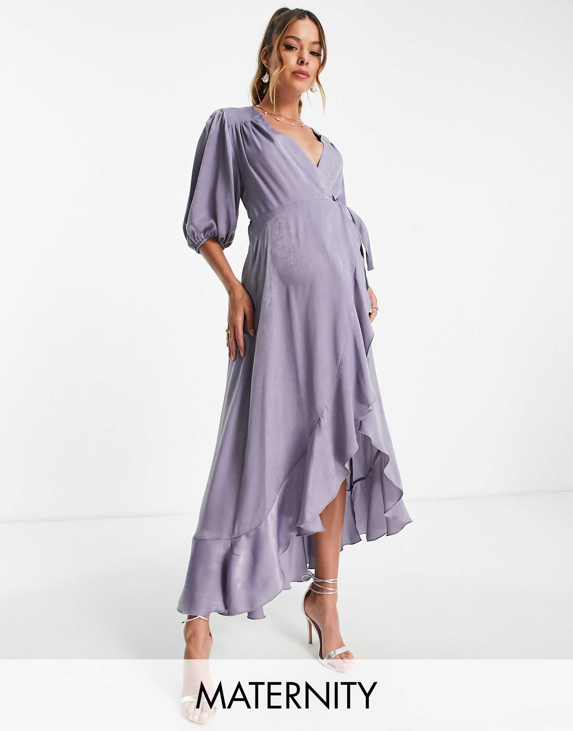 flounce london maternity puff sleeve maxi wrap dress in light blue satin
