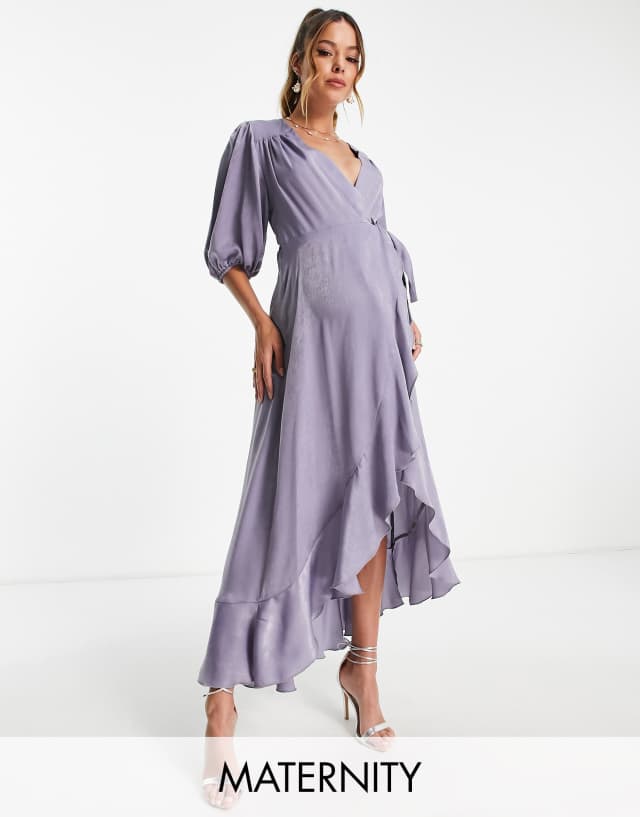 Flounce London Maternity puff sleeve maxi wrap dress in light blue satin