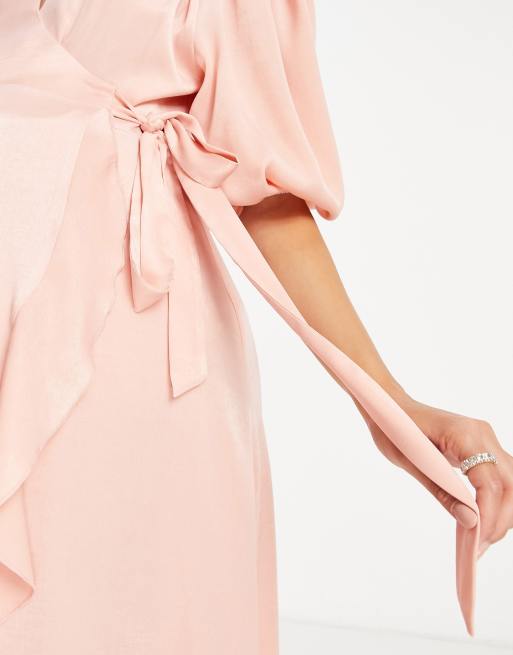 Flounce London satin long sleeve wrap maxi dress in blush pink