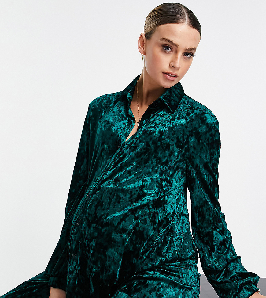 Flounce London Maternity Satin Long Sleeve Wrap Maxi Dress In Emerald-green