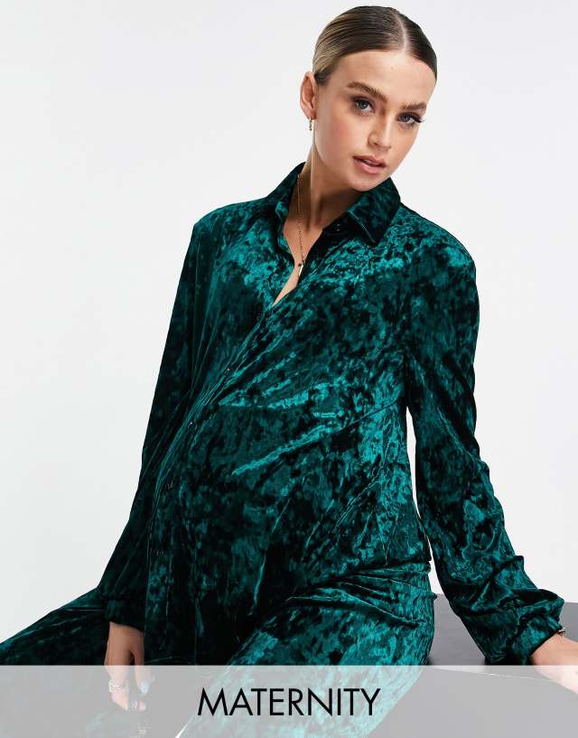 Flounce London Maternity relaxed shirt in emerald velvet - part of a set