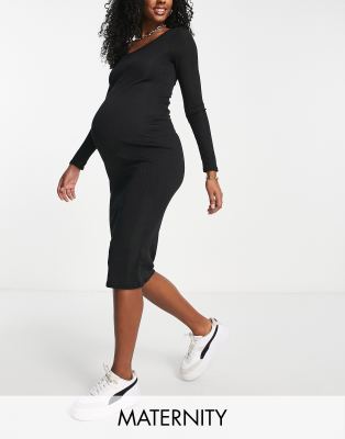 Flounce London Maternity ribbed long sleeve midi dress in black