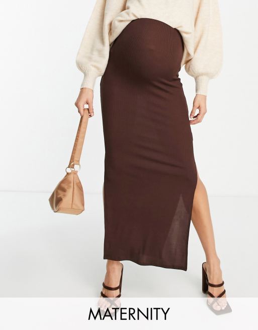 Flounce London Maternity ribbed midi skirt with side splits in chocolate (part of a set)