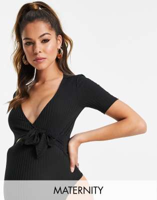 Flounce London Maternity - Ribstrikket ballet-bodystocking med slå-om-detalje og korte ærmer i sort