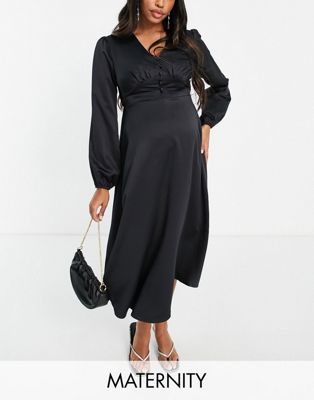 Flounce London Maternity satin button front midi dress in black - ASOS Price Checker