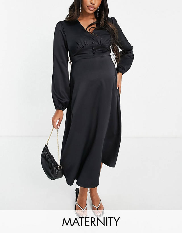Flounce London Maternity satin button front midi dress in black