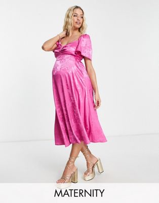 Flounce London Maternity satin flutter sleeve midi dress in hot pink jacquard  - ASOS Price Checker