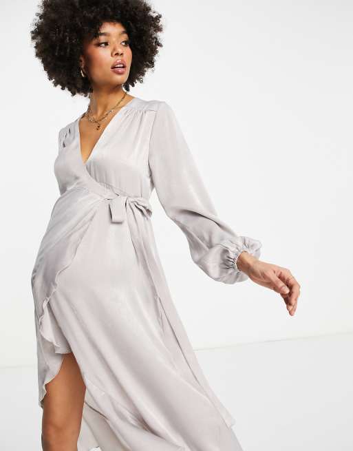 Flounce London Maternity satin long sleeve wrap maxi dress in ash grey, 3 of 4