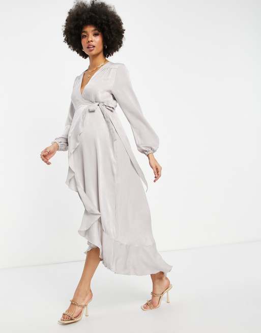 Flounce London Maternity satin long sleeve wrap maxi dress in ash grey, 4 of 4