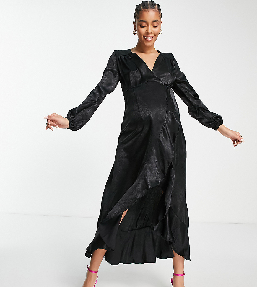 Flounce London Maternity satin long sleeve wrap maxi dress in black