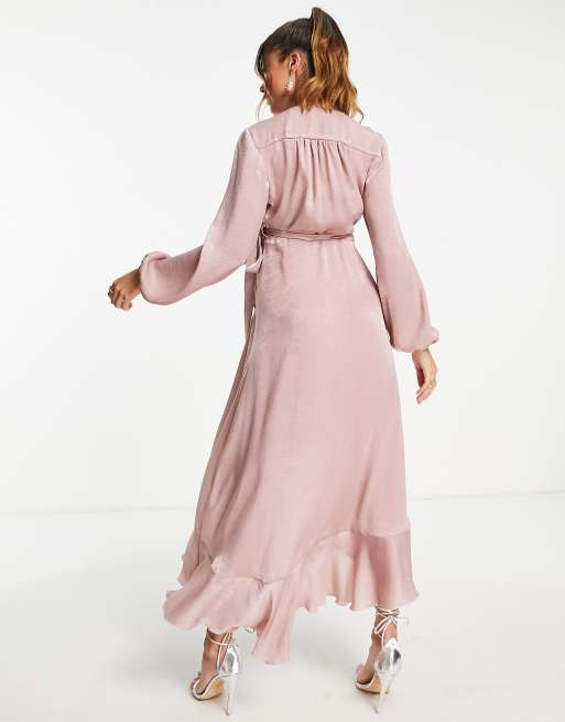 Flounce London Maternity satin long sleeve wrap maxi dress in heather rose , 3 of 4