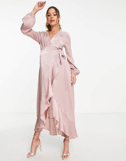 Flounce London Maternity satin long sleeve wrap maxi dress in heather rose , 4 of 4