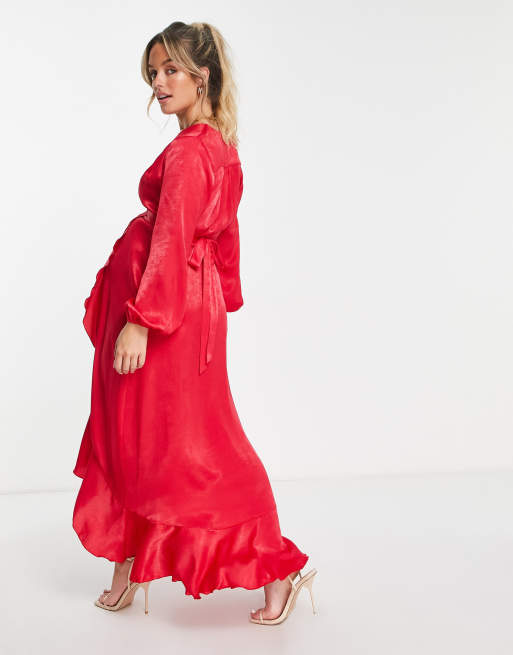 Flounce London Flounce Ruched Mesh Maxi Dress With Ruffle Detail In Red