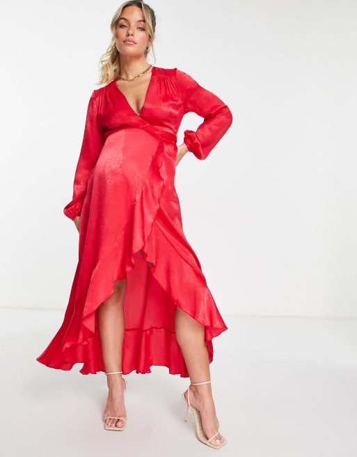 Flounce London Maternity satin long sleeve wrap maxi dress in red