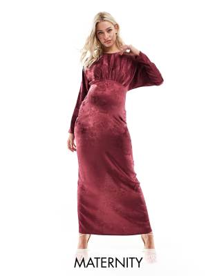 Flounce London Maternity Flounce London Maternity satin maxi dress with kimono sleeve in port-Red